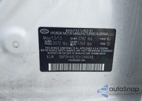 2013 Hyundai Elantra Gls z USA, uszkodzony, nr VIN 5NPDH4AE9DH346648